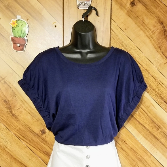 DKNY Cinched Sleeve Elastic Cuff Blouse Top in Navy Blue - Picture 2 of 13